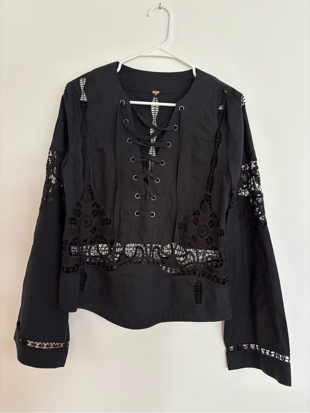 Free People Black Lace-Up Crochet Blouse